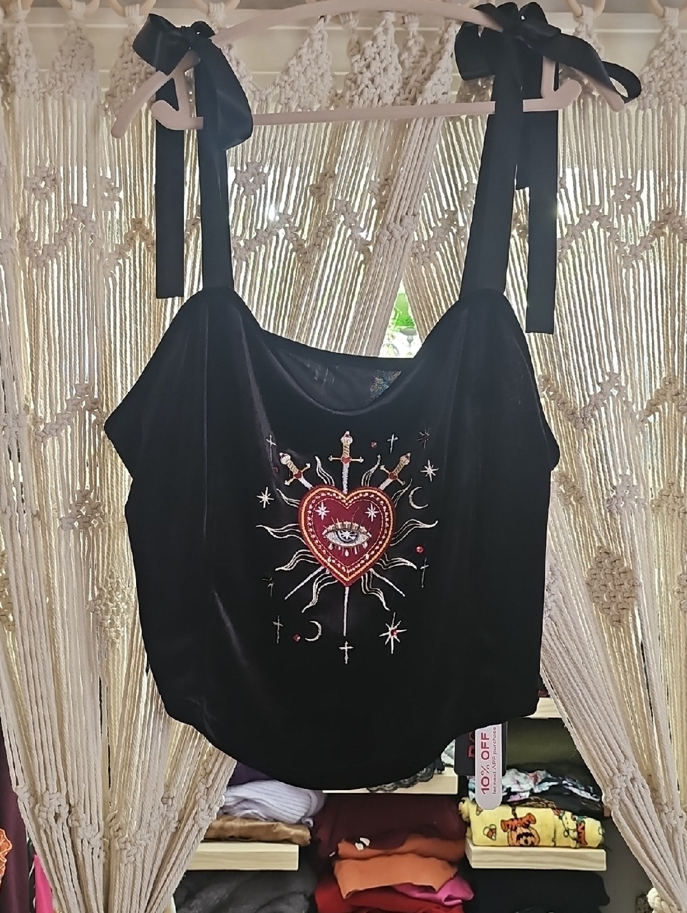 Velvet Black Tie-Shoulder Embroidered Heart Cami